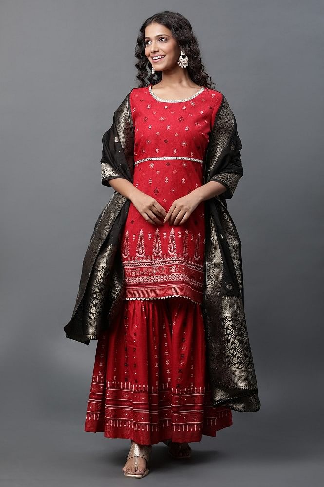 Aarika womens black colour rayon embroidery kurti sharara set - Aarika -  4189061